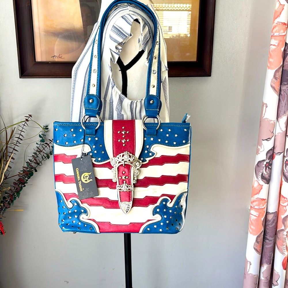 COWGIRD TRENDY Red and White‎ Patriotic Tote with Metallic Accents